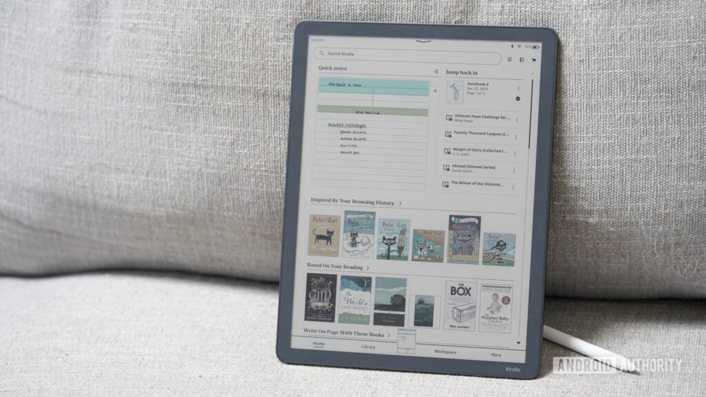 A Kindle Scribe Colorsoft displays the home screen.