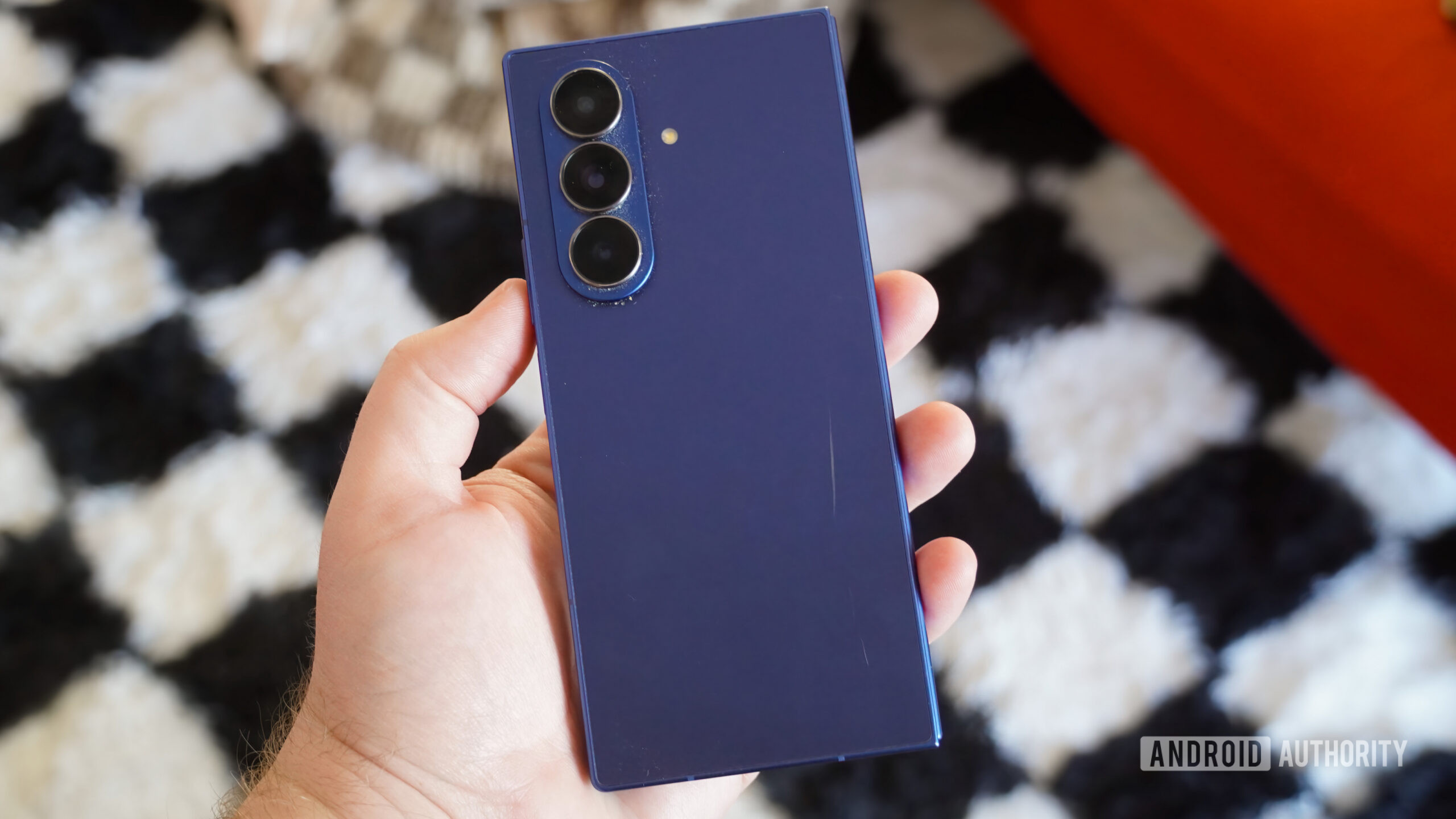 A scratch on a blue Galaxy Z Fold 7.