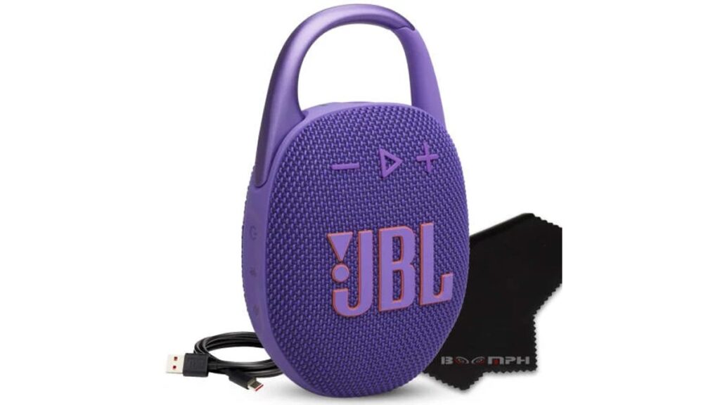 JBL Clip 5 Portable Bluetooth Speaker, IP67 Waterproof & Dustproof, Long-Lasting Battery - Purple - Boomph's Comprehensive Ultimate Performance Cloth Solution for Your On-the-Go Sound Experience