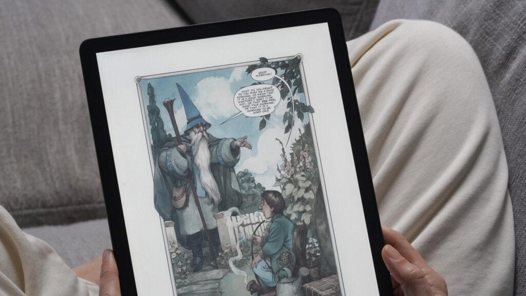 A user reads a graphic novel on their Kindle Scribe Colorsoft.
