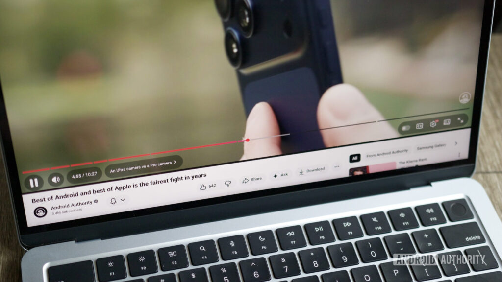 A photo of the new YouTube playback UI as of October 2025.